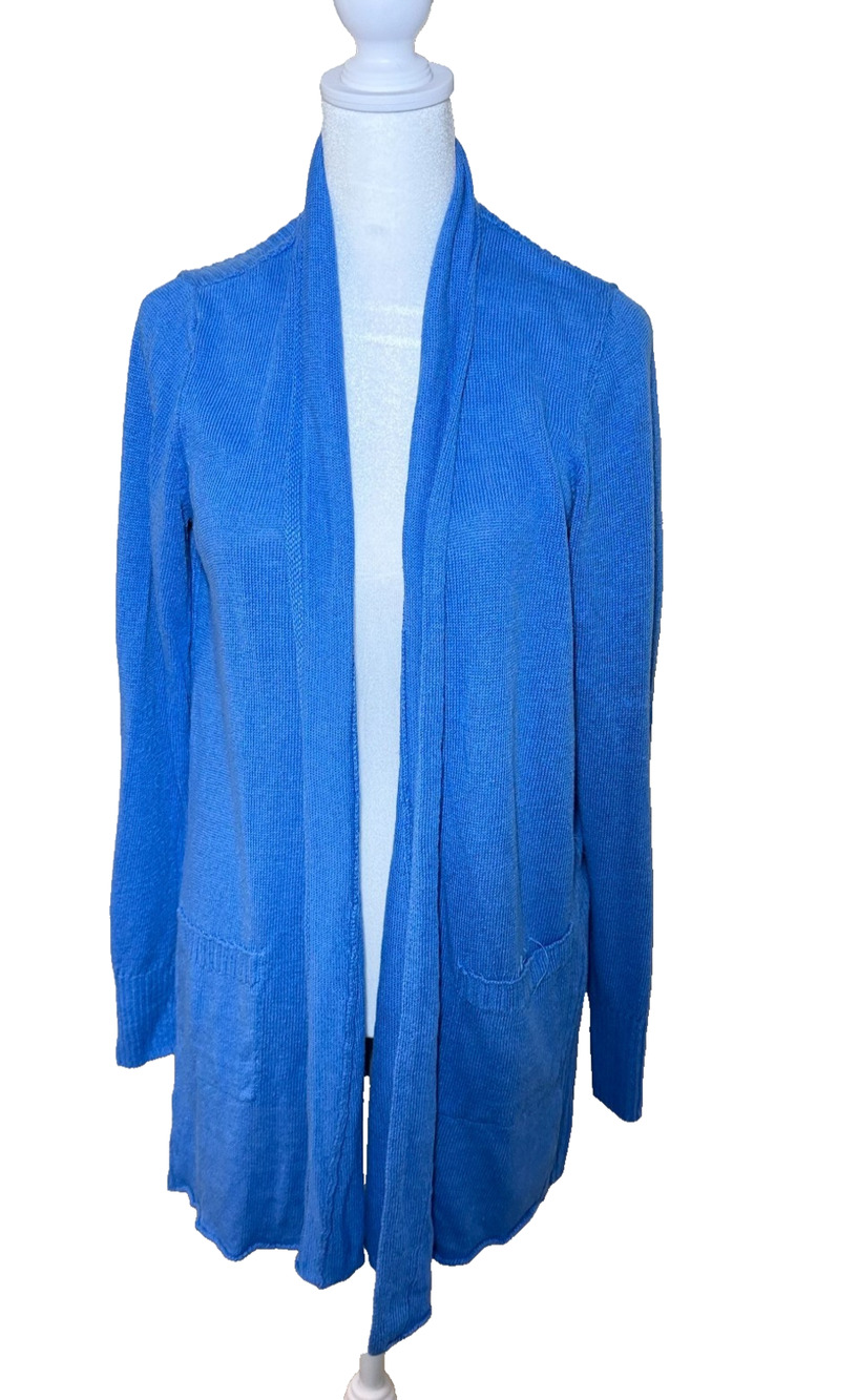 Eileen Fisher Blue 100% Organic Linen Open Cardigan Sweater Size Small Nautical